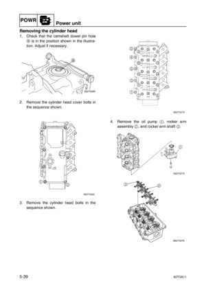 Page 166POWRPower unit
5-3962Y3A11
Removing the cylinder head
1. Check that the camshaft dowel pin hole
a
 is in the position shown in the illustra-
tion. Adjust if necessary.
2. Remove the cylinder head cover bolts in
the sequence shown.
3. Remove the cylinder head bolts in the
sequence shown.4. Remove the oil pump 1
, rocker arm
assembly 2
, and rocker arm shaft 3
.
S62Y5260
S62Y5276
23 