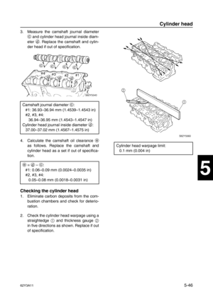 Page 17362Y3A115-46
1
2
3
4
5
6
7
8
I
3. Measure the camshaft journal diameter
c
 and cylinder head journal inside diam-
eter d
. Replace the camshaft and cylin-
der head if out of specification.
4. Calculate the camshaft oil clearance e
as follows. Replace the camshaft and
cylinder head as a set if out of specifica-
tion.
Checking the cylinder head
1. Eliminate carbon deposits from the com-
bustion chambers and check for deterio-
ration.
2. Check the cylinder head warpage using a
straightedge 1
 and thickness...