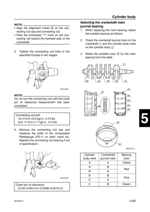 Page 18962Y3A115-62
1
2
3
4
5
6
7
8
I
NOTE:
Align the alignment marks b
 on the con-
necting rod cap and connecting rod.
Face the embossed “Y” mark on the con-
necting rod toward the flywheel side of the
crankshaft.
5. Tighten the connecting rod bolts to the
specified torques in two stages.
NOTE:
Do not turn the connecting rod until the crank
pin oil clearance measurement has been
completed.
6. Remove the connecting rod cap and
measure the width of the compressed
Plastigauge (PG-1) on each crank pin.
Replace...