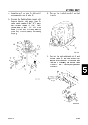 Page 19562Y3A115-68
1
2
3
4
5
6
7
8
I
4. Install the shift rod bolts 6
, shift rod 7
and power trim and tilt relay 8
.
5. Connect the flushing hose (models with
flushing device), pilot water hose 9
,
trailer switch coupler 0
 (EHT, ET), warn-
ing indicator coupler A
 (EHD, EHT),
ground lead B
 (EHT, ET), PTT motor
leads C
 (EHT, ET), PTT relay leads D
(EHT, ET), 10-pin coupler E
, and battery
leads F
.6. Connect the throttle link rod G
 and fuel
hose H
.
7. Connect the shift cable/shift rod I
 and
throttle cable...