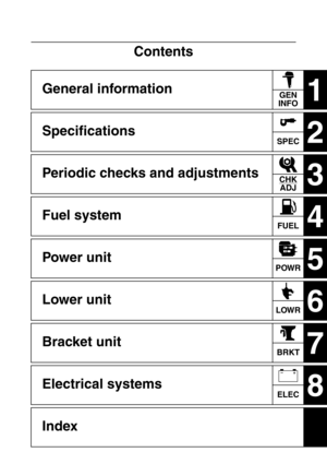Page 3Contents
General information
1GEN 
INFO
Specifications
2SPEC
Periodic checks and adjustments
3CHK 
ADJ
Fuel system
4FUEL
Power unit
5POWR
Lower unit
6LOWR
Bracket unit
7BRKT
Electrical systems
8ELEC
Index
–+ 