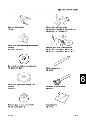 Page 20162Y3A116-2
1
2
3
4
5
6
7
8
I
Bearing splitter plate
YB-06219
Drive shaft needle bearing remover and 
installer
YB-06063, YB-06155
Drive shaft needle bearing depth stop
YB-34473, YB-34474
Drive shaft taper roller bearing cup 
installer
YB-06110
Forward gear bearing cup installer
YB-06109, YB-06276-BPinion shim selecting tools
YB-34432-8, YB-34432-9, YB-34432-10A, 
YB-34432-11A, YB-34432-17
Forward gear shim selecting tools
YB-34446-1, YB-34446-3, YB-34446-4, 
YB-34446-5, YB-34446-7, YB-34446-15
Shift rod...