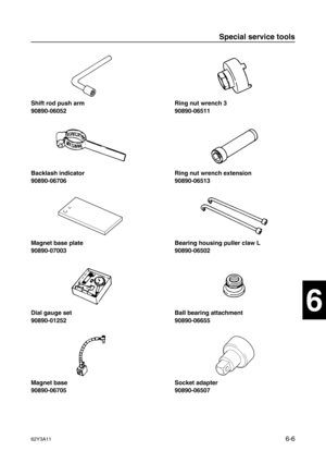Page 20562Y3A116-6
1
2
3
4
5
6
7
8
I
Shift rod push arm
90890-06052
Backlash indicator
90890-06706
Magnet base plate
90890-07003
Dial gauge set
90890-01252
Magnet base
90890-06705Ring nut wrench 3
90890-06511
Ring nut wrench extension
90890-06513
Bearing housing puller claw L
90890-06502
Ball bearing attachment
90890-06655
Socket adapter
90890-06507
Special service tools 