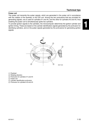 Page 2362Y3A111-18
1
2
3
4
5
6
7
8
I
Pulser coil
The pulser coil transmits the pulser signals, which are generated in the pulser coil in accordance
with the rotation of the flywheel, to the CDI unit. Among the two protrusions that are provided for
generating signals, one is used for cylinders #1 and #4, and the other for cylinders #2 and #3, thus
enabling the pulser coil to simultaneously ignite two cylinders.
To provide ignition signals to the cylinders, the microcomputer determines the ignition cylinder and...