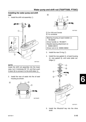 Page 24762Y3A116-48
1
2
3
4
5
6
7
8
I
Installing the water pump and shift 
rod
1. Install the shift rod assembly 1
.
NOTE:
Install the shift rod assembly into the lower
case, turn it clockwise 90° a
, and then push
it down b
 to connect it to the shift slider 2
.
2. Install the new oil seals into the oil seal
housing as shown. 
È
For USA and Canada
É
For worldwide
3. Install the new O-ring 7
.
4. Install the new gasket 8
, oil seal housing
9
, new gasket 0
, and outer plate car-
tridge A
.
5. Install the...