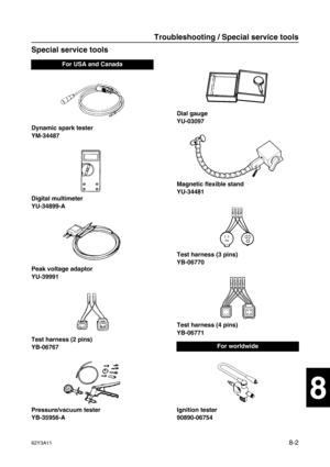 Page 36362Y3A118-2
1
2
3
4
5
6
7
8
I
Special service tools8
Dynamic spark tester
YM-34487
Digital multimeter
YU-34899-A
Peak voltage adaptor
YU-39991
Test harness (2 pins)
YB-06767
Pressure/vacuum tester
YB-35956-ADial gauge
YU-03097
Magnetic flexible stand
YU-34481
Test harness (3 pins)
YB-06770
Test harness (4 pins)
YB-06771
Ignition tester
90890-06754
For USA and Canada
For worldwide
Troubleshooting / Special service tools 