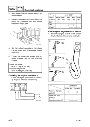 Page 378ELECElectrical systems
–+
8-1762Y3A11
3. Remove the flywheel magnet nut and fly-
wheel magnet.
4. Loosen the pulser coil screws, adjust the
pulser coil 2
 position, and then tighten
the screws finger tight.
5. Set the flywheel magnet and then check
the gap again and, if necessary, repeat
steps 3–5.
6. Tighten the pulser coil screws and fly-
wheel magnet nut to the specified
torques.
Checking the engine start switch
1. Check the engine start switch for continu-
ity. Replace if there is no continuity....