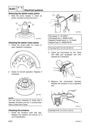 Page 384ELECElectrical systems
–+
8-2362Y3A11
Removing the starter motor pinion
1. Slide the pinion stopper 1
 down as
shown, and then remove the clip 2
.
Checking the starter motor pinion
1. Check the pinion teeth for cracks or
wear. Replace if necessary.
2. Check for smooth operation. Replace if
necessary.
NOTE:
Turn the pinion clockwise to check that it
operates smoothly and turn it counterclock-
wise to check that it locks.
Checking the armature
1. Check the armature axial free play.
Replace the washers and...