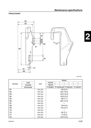 Page 7162Y3A112-28
1
2
3
4
5
6
7
8
I
Clamp bracket
Symbol UnitModel
USA T50TR———
Canada T50TR———
Worldwide FT50BET FT50CEHD FT50CED FT50CET
B1 mm (in) 126 (5.0)
B2 mm (in) 254 (10.0)
B3 mm (in) 163.5 (6.4)
B4 mm (in) 50.8 (2.0)
B5 mm (in) 180 (7.1)
B6 mm (in) 355 (14.0)
B7 mm (in)—
B8 mm (in) 139 (5.5)
B9 mm (in) 18.5 (0.7)
C2 mm (in)—
C3 mm (in) 69 (2.7)
D1 mm (in) 13 (0.5)
D2 mm (in) 55.5 (2.2)
Maintenance specifications 