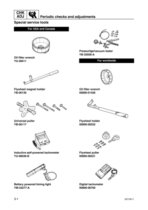 Page 76CHK 
ADJ
Periodic checks and adjustments
3-162Y3A11
Special service tools3
Oil filter wrench
YU-38411
Flywheel magnet holder
YB-06139
Universal puller
YB-06117
Inductive self-powered tachometer
YU-08036-B
Battery powered timing light
YM-33277-APressurfge/vacuum tester
YB-35956-A
Oil filter wrench
90890-01426
Flywheel holder
90890-06522
Flywheel puller
90890-06521
Digital tachometer
90890-06760
For USA and Canada
For worldwide 