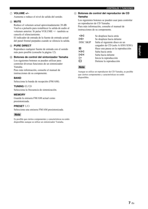 Page 26CONTROLES Y FUNCIONES
7 Es
Español
7VO LU ME  +/ –
Aumenta o reduce el nive l de salida del sonido.
8 MUTE
Reduce el volumen actual  aproximadamente 20 dB. 
Vuelva a pulsarlo para restablecer la salida de audio al 
volumen anterior. Si pulsa VOLUME +/– también se 
cancela el silenciamiento.
El indicador de entrada de la fuente de entrada actual 
del panel frontal parpadea cu ando se silencia la salida.
9 PURE DIRECT
Reproduce cualquier fuente  de entrada con el sonido 
más puro posible (consulte la...