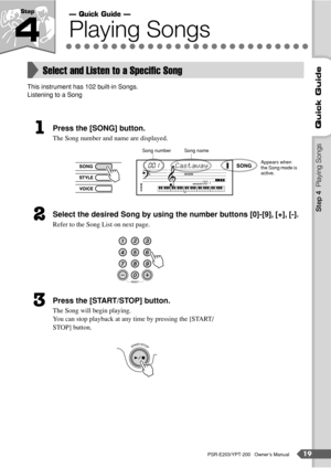 Page 19PSR-E203/YPT-200   Owner’s Manual19
Quick Guide
Step 
4Playing Songs
This instrument has 102 built-in Songs.
Listening to a Song
Press the [SONG] button.
The Song number and name are displayed.
Select the desired Song by using the number buttons [0]-[9], [+], [-].
Refer to the Song List on next page.
Press the [START/STOP] button.
The Song will begin playing.
You can stop playback at any time by pressing the [START/
STOP] button.
Select and Listen to a Speciﬁc Song
1
Castaway 001
001
Song number Song...