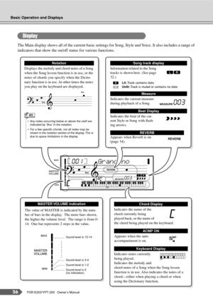 Page 2626PSR-E203/YPT-200   Owner’s Manual
Basic Operation and Displays
GrandPno 001
003
The Main display shows all of the current basic settings for Song, Style and Voice. It also includes a range of 
indicators that show the on/off status for various functions.
Display
Displays the melody and chord notes of a Song 
when the Song lesson function is in use, or the 
notes of chords you specify when the Dictio-
nary function is in use. At other times the notes 
you play on the keyboard are displayed.
Notation...