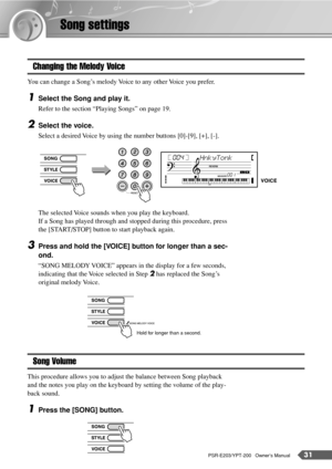 Page 31PSR-E203/YPT-200   Owner’s Manual31
Song settings
Changing the Melody Voice
You can change a Song’s melody Voice to any other Voice you prefer.
1Select the Song and play it.
Refer to the section “Playing Songs” on page 19.
2Select the voice.
Select a desired Voice by using the number buttons [0]-[9], [+], [-].
The selected Voice sounds when you play the keyboard.
If a Song has played through and stopped during this procedure, press 
the [START/STOP] button to start playback again.
3Press and hold the...