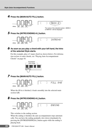 Page 42Style (Auto Accompaniment) Functions
42PSR-E203/YPT-200   Owner’s Manual
4Press the [MAIN/AUTO FILL] button.  
5Press the [INTRO/ENDING/rit.] button.  
6As soon as you play a chord with your left hand, the Intro 
of the selected Style starts.
For this example, play a C major chord (as shown below). For informa-
tion on how to enter chords, see “Playing Auto Accompaniment 
Chords” on page 44.
7Press the [MAIN/AUTO FILL] button.
When the ﬁll-in is ﬁnished, it leads smoothly into the selected main 
section...