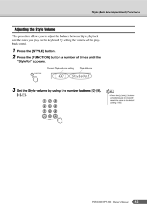 Page 43Style (Auto Accompaniment) Functions
PSR-E203/YPT-200   Owner’s Manual43
Adjusting the Style Volume
This procedure allows you to adjust the balance between Style playback 
and the notes you play on the keyboard by setting the volume of the play-
back sound.
1Press the [STYLE] button.
2Press the [FUNCTION] button a number of times until the 
“StyleVol” appears.
3Set the Style volume by using the number buttons [0]-[9], 
[+], [-].
StyleVol 100
Current Style volume settingStyle Volume
•Press the [+] and [-]...