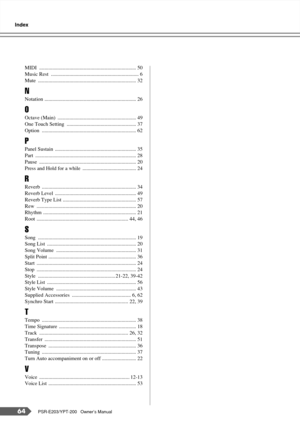 Page 64Index
64PSR-E203/YPT-200   Owner’s Manual
MIDI .......................................................................... 50
Music Rest  ................................................................... 6
Mute ........................................................................... 32
N
Notation ...................................................................... 26
O
Octave (Main)  ............................................................ 49
One Touch Setting...