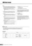 Page 6060PSR-E203/YPT-200   Owner’s Manual
NOTE:1By default (factory settings) the instrument ordinarily func-
tions as a 16-channel multi-timbral tone generator, and 
incoming data does not affect the panel voices or panel set-
tings. However, the MIDI messages listed below do affect 
the panel voices, auto accompaniment, and songs.
•MIDI Master Tuning
•System exclusive messages for changing the Reverb 
Type.
2Messages for these control change numbers cannot be 
transmitted from the instrument itself. However,...