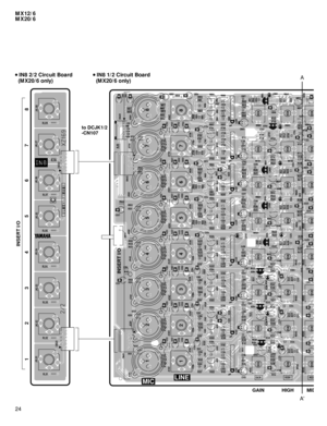 Page 24MX12/6
MX20/6
24
A
A
to DCJK1/2
-CN107
GAIN HIGH MI
D
34 567 8 2INSERT I/O
1345678 2INSERT I/O
1
34 5 6 7 8 2 1
MICLINE
 
IN8 1/2 Circuit Board
  (MX20/6 only) 
IN8 2/2 Circuit Board
  (MX20/6 only) 