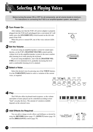 Page 1010P-80
After making sure that the P-80’s AC power adaptor is properly
plugged into the P-80 itself and plugged into a convenient AC wall
outlet, press the [STANDBY/ON] switch located on the left-side
panel of the P-80.
When the power is turned ON, one of the voice selector LEDs
will light.
If you are using an amplifier/speaker system for sound repro-
duction, set the P-80’s [MASTER VOLUME] control and the
volume level on the amplifier/speaker system to the most comfort-
able listening level while playing...