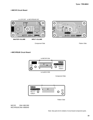 Page 6161 Tyros / TRS-MS01
INPUT VOLUME MASTER VOLUMEto LCR-CN7 to MICVRSUB-CN7
to MICVR-CN4
to AJACK-CN5
 MICVR Circuit Board
 MICVRSUB Circuit Board
Component Side
Component Side
Pattern SidePattern Side
Note: See parts list for details of circuit board component parts.
MICVR: 2NA-V881090
MICVRSUB: 2NA-V895040 