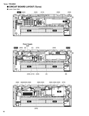 Page 10Tyros / TRS-MS01
10
 CIRCUIT BOARD LAYOUT (Tyros)
[660][310][340][390][330]
[260][D][C][270][360]
[420][A][B][400], [410]
[325][365][320][380][300]
[650]
[660][280][290][350][370]
AJACK
INLET
MICVRSUB
SPOUTLSPOUTR
MICVRSUB
DJACK
DM
PHONES
REG
EMKS-N
61L61H
61L61H
61L61H
PC
Power Supply
Unit
 Lower Case Side 