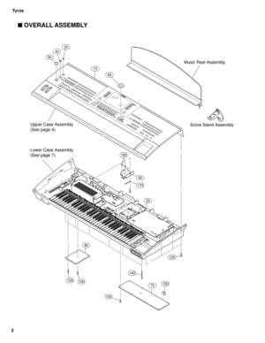 Page 972Tyros
 OVERALL ASSEMBLY
30
40
50
60
10
20
90
170
160
70
140
120
100
130100
80
150
Music Rest Assembly
Score Stand Assembly Upper Case Assembly
(See page 4)
Lower Case Assembly
(See page 7) 