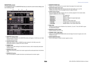 Page 104Monitor and Cue functions
 Reference Manual
104
MONITOR screenIn the MONITOR screen, the MONITOR field lets you check the current monitor settings, and 
turn monitoring on/off.1
MONITOR display button
When you press this button, the MONITOR window will appear, in which you can make 
detailed monitor settings.
2
SOURCE SELECT field
Selects the monitor source. If DEFINE has been selected in this field, access the 
MONITOR window to specify the source channel.
3
DIMMER field
Enables you to make settings for...