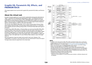 Page 124Graphic EQ, Parametric EQ, Effects, and PREMIUM RACK
 Reference Manual
124
Graphic EQ, Parametric EQ, Effects, and 
PREMIUM RACKThis chapter explains how to use the built-in graphic EQ, parametric EQ, effects, and Premium 
Rack.About the virtual rackCL series consoles enable you to use the built-in graphic EQ (subsequently abbreviated as 
“GEQ” ), parametric EQ (subsequently abbreviated as “PEQ” ), and effects/processors to 
modify signals. You can use two types of GEQ: 31BandGEQ which enables you to...