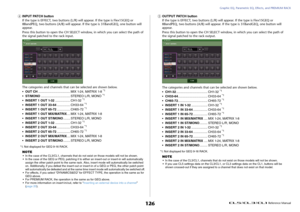 Page 126Graphic EQ, Parametric EQ, Effects, and PREMIUM RACK
 Reference Manual
126
4
INPUT PATCH button
If the type is EFFECT, two buttons (L/R) will appear. If the type is Flex15GEQ or 
8BandPEQ, two buttons (A/B) will appear. If the type is 31BandGEQ, one button will 
appear.
Press this button to open the CH SELECT window, in which you can select the path of 
the signal patched to the rack input.
The categories and channels that can be selected are shown below.
•OUT CH.................................... MIX...