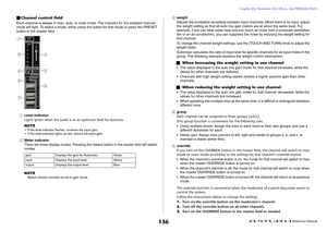 Page 136Graphic EQ, Parametric EQ, Effects, and PREMIUM RACK
 Reference Manual
136
Channel control fieldEach channel is always in man, auto, or mute mode. The indicator for the enabled channel 
mode will light. To select a mode, either press the button for that mode or press the PRESET 
button in the master field.1
Level indicator
Lights green when the audio is at an optimum level for Automix.
NOTE• If the level indicator flashes, increase the input gain.
• If the level indicator lights up red, reduce the input...