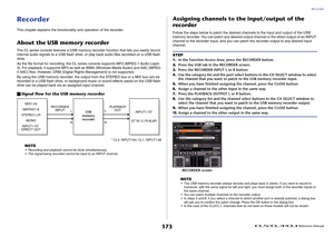 Page 173Recorder
 Reference Manual
173
RecorderThis chapter explains the functionality and operation of the recorder.About the USB memory recorderThe CL series console features a USB memory recorder function that lets you easily record 
internal audio signals to a USB flash drive, or play back audio files recorded on a USB flash 
drive.
As the file format for recording, the CL series console supports MP3 (MPEG-1 Audio Layer-
3). For playback, it supports MP3 as well as WMA (Windows Media Audio) and AAC (MPEG-
4...