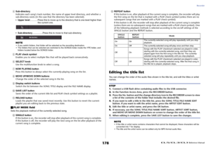 Page 178Recorder
 Reference Manual
178
4
Sub-directory
Indicates each song's track number, the name of upper level directory, and whether a 
sub-directory exists (in the case that the directory has been selected).
•Upper level............Press this to move up to the directory that is one level higher than 
the current one.
•Sub-directory................Press this to move to that sub-directory.
NOTE• If you switch folders, that folder will be selected as the recording destination.
• The folders that can be...