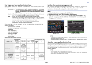 Page 189Setup
 Reference Manual
189
User types and user authentication keysThere are three types of user, as follows. To operate the CL series console, you must log-in 
as a user.
• Administrator ...... The administrator of the CL console can use all of its functionality. 
Only one set of Administrator settings is internally maintained in the 
console. The Administrator can create user authentication keys for 
other users.
•Guest
...... A Guest can use only the range of functionality permitted by the...