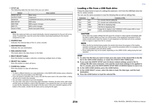 Page 214Setup
 Reference Manual
214
• SETUP tab
The following table lists the items that you can select.
NOTE
When the output port items are saved individually, channel assignments for the port will not be 
saved. To prevent this, save the scene that contains input/output patching for the channel 
assignment as well.
2
SOURCE field
Indicates the internal data of the CL series console.
3
DESTINATION field
Indicates the save destination.
4
Data selection knob
This knob selects the data shown in the field.
5
MULTI...