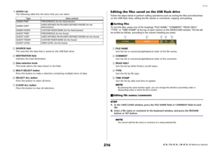 Page 216Setup
 Reference Manual
216
• ADMIN tab
The following table lists the items that you can select.2
SOURCE field
This area lists the data that is saved on the USB flash drive.
3
DESTINATION field
Indicates the load destination.
4
Data selection knob
This knob selects the data shown in the field.
5
MULTI SELECT button
Press this button to make a selection containing multiple items of data.
6
SELECT ALL button
Press this button to select all items.
7
CLEAR ALL button
Press this button to clear all...