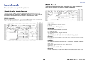 Page 26Input channels
 Reference Manual
26
Input channelsThis chapter explains various operations for input channels.Signal flow for input channelsThe input channels comprise the section that  processes signals received from the I/O 
devices, rear panel input jacks, or slots 1-3,  and sends them to the STEREO bus, MONO bus, 
MIX buses, or MATRIX buses. There are two types of input channels, as follows.MONO channelsThese channels are used to process monaural signals. When the CL series console is in the 
default...