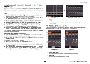 Page 51OUTPUT channels
 Reference Manual
51
Sending signals from MIX channels to the STEREO/
MONO busThere are two ways to send signals to the STEREO bus or MONO bus: ST/MONO mode and 
LCR mode. You can select the mode individually for each channel. Features of each mode 
are the same as for input channels.
NOTE
Refer to “Signal level when LCR mode is selected” (page 36) for details on how the signal level 
sent from an LCR mode MIX channel to each bus will change according to the operation of the 
TO ST PAN...