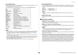 Page 78Channel Job
 Reference Manual
78
3
LINK PARAMETER field
Use the buttons in this field to select the parameters that you want to be linked. You can 
do this independently for each link group.
The table below lists the parameters you can select in the LINK PARAMETER field.
NOTE• If you link Dynamics 1 or 2 for two or more input channels, the parameter values will be linked, 
but the key-in sources are not linked and can instead be set for each channel. The behavior of 
key-in signals is linked in units of...