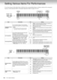 Page 16P-115  Owner’s Manual16
Setting Various Items For Performances
To set items shown in the tables below, hold down the corresponding buttons or button, and press the correspond-
ing keys on the keyboard. Refer to the Quick Operation Guide on pages 28 to 29.
A #6
F #5C
#5
F #4
C #0
C7
B6
A6
C5
B4
D0
C0
B-1
Touch
SensitivityTranspose
Tuning
ItemDescriptionKeysSettings
Changing the Touch 
Sensitivity
You can specify the degree of Touch Sensitivity 
(how the sound responds to your playing strength). A6
Fixed:...