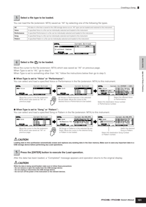 Page 101Creating a Song
101Owner’s Manual
Quick Guide Creating a Song on the MO
You can load the ﬁle (extension: M7A) saved as “All” by selecting one of the following ﬁle types. 
Move the cursor to the ﬁle (extension: M7A) which was saved as “All” on previous page. 
When Type is set to “All,” go to step 5. 
When Type is set to something other than “All,” follow the instructions below then go to step 5. 
●When Type is set to “Voice” or “Performance”: 
You can select and load a speciﬁed Voice or Performance in the...