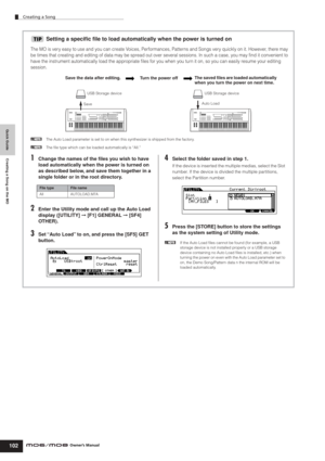 Page 102Quick Guide Creating a Song on the MO
Creating a Song
102Owner’s Manual
Setting a speciﬁc ﬁle to load automatically when the power is turned on
The MO is very easy to use and you can create Voices, Performances, Patterns and Songs very quickly on it. However, there may 
be times that creating and editing of data may be spread out over several sessions. In such a case, you may ﬁnd it convenient to 
have the instrument automatically load the appropriate ﬁles for you when you turn it on, so you can easily...