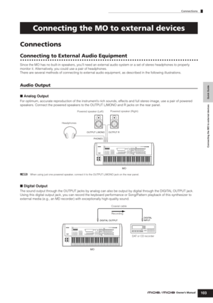 Page 103Quick Guide Connecting the MO to external devices
Connections
103Owner’s Manual
Connections
Connecting to External Audio Equipment
Since the MO has no built-in speakers, you’ll need an external audio system or a set of stereo headphones to properly 
monitor it. Alternatively, you could use a pair of headphones.
There are several methods of connecting to external audio equipment, as described in the following illustrations.
Audio Output
■ Analog Output
For optimum, accurate reproduction of the...