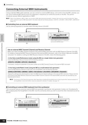 Page 104Quick Guide Connecting the MO to external devices
Connections
104Owner’s Manual
Connecting External MIDI Instruments
Using a standard MIDI cable (optional), you can connect an external MIDI device, and control it from the MO. Likewise, you 
can use an external MIDI device (such as a keyboard or sequencer) to control the sounds on the MO. This section 
introduces several different applications of MIDI.
nEither of the interfaces—MIDI or USB—can be used for MIDI data transmission/reception. However, they...