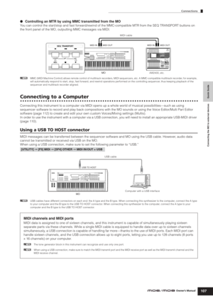 Page 107Quick Guide Connecting the MO to external devices
Connections
107Owner’s Manual
●Controlling an MTR by using MMC transmitted from the MO
You can control the start/stop and fast forward/rewind of the MMC-compatible MTR from the SEQ TRANSPORT buttons on 
the front panel of the MO, outputting MMC messages via MIDI.
nMMC (MIDI Machine Control) allows remote control of multitrack recorders, MIDI sequencers, etc. A MMC-compatible multitrack recorder, for example, 
will automatically respond to start, stop,...