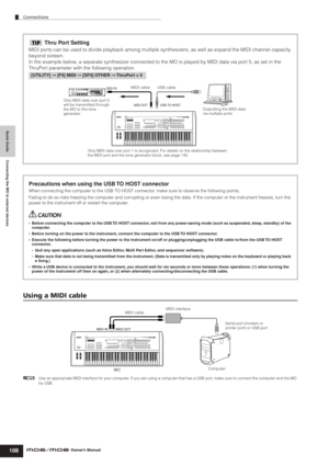 Page 108Quick Guide Connecting the MO to external devices
Connections
108Owner’s Manual
Using a MIDI cable
nUse an appropriate MIDI interface for your computer. If you are using a computer that has a USB port, make sure to connect the computer and the MO 
by USB. 
 Thru Port Setting
MIDI ports can be used to divide playback among multiple synthesizers, as well as expand the MIDI channel capacity 
beyond sixteen.
In the example below, a separate synthesizer connected to the MO is played by MIDI data via port 5,...