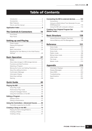 Page 13Table of Contents
13Owner’s Manual
Introduction ...............................................................6
Accessories...............................................................6
Main Features............................................................7
How to use this manual .............................................8
Application Index ................................................... 9
The Controls & Connectors 14
Front Panel...