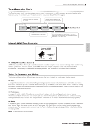 Page 129Internal Structure (System Overview)
129Owner’s Manual
Basic Structure
Tone Generator block
The Tone Generator block is what actually produces sound in response to the MIDI messages generated by playing the 
keyboard, using the controllers, and the playback of the sequencer (Song/Pattern/Arpeggio).
Internal AWM2 Tone Generator
●AWM2 (Advanced Wave Memory 2)
AWM2 (Advanced Wave Memory 2) is a synthesis system based on sampled waves (sound material), and is used in many 
Yamaha synthesizers. For extra...