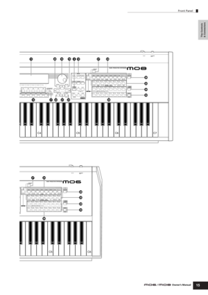 Page 15The Controls 
& Connectors
Front Panel
15Owner’s Manual
PRE 1
A. PIANOFAVORITESPRE 2KEYBOARD
PRE 3
ORGAN
PRE 4 USER 1
BASS
USER 2
STRINGS
GM
BRASS
–
CATEGORY
SEARCH
TRACK
SELECT
DRUM
 KITS
SOLO SECTION
MUTEE
GUITAR 
PLUCKEDREED  PIPEABCDE FGH
12345678
910111213141516
SYN LEAD SYN PAD 
CHOIRSYN COMPDRUM PERCUSSIONSE MUSICAL FXCOMBICHROMATICPERCUSSION
ELEMENT  PERF. PART  ZONE
DC  IN STANDBY
ON
C5 C6
COMMON
VOICEPERFORMMASTER
SONG PATTERNMIXINGPRE 1
A. PIANOFAVORITESPRE 2KEYBOARD
PRE 3
ORGAN
PRE 4 USER 1...