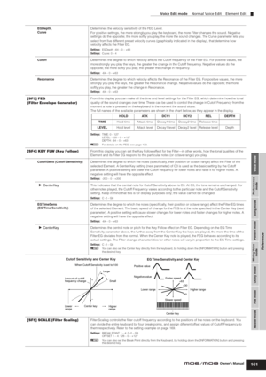 Page 161Voice mode Performance
mode Song mode Utility mode File mode Master modePattern mode Mixing Voice
mode
Reference
Voice Edit mode    Normal Voice Edit    Element Edit
161Owner’s Manual EGDepth, 
CurveDetermines the velocity sensitivity of the FEG Level.
For positive settings, the more strongly you play the keyboard, the more Filter changes the sound. Negative 
settings do the opposite; the more softly you play, the more the sound changes. The Curve parameter lets you 
select from ﬁve different preset...